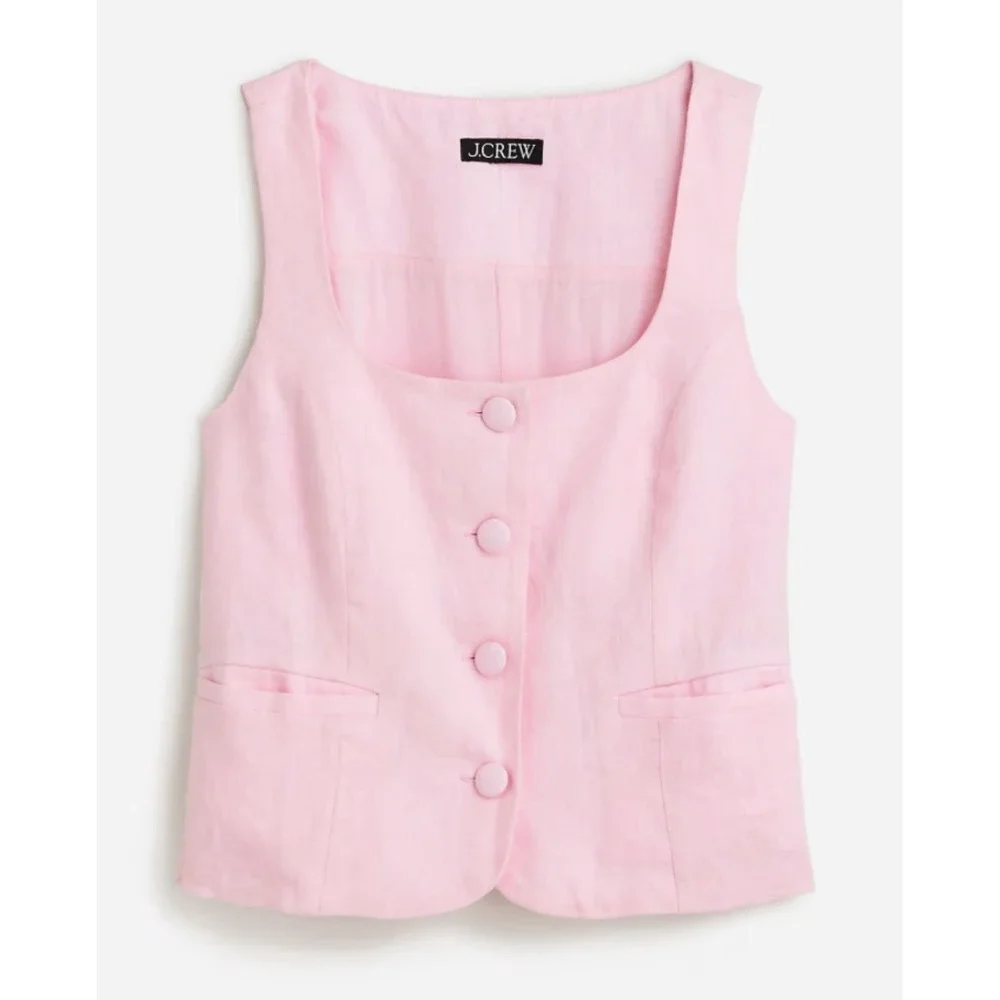 J. Crew Women's Light Pink Scoopneck Linen Covered Button Front Vest Size 8‎